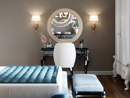 Dressing classic table, black, in the bedroom. 3D rendering.の写真素材
