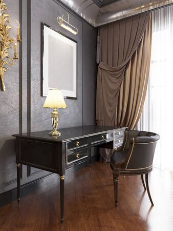 Black patent leather desk with leather armchair in antique design interior. 3D rendering.の写真素材