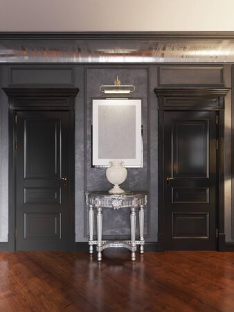 Chrome-plated console with a luxurious classic vase against the wall between the doors. Interior in black colors. Design 2020. 3D rendering.の写真素材