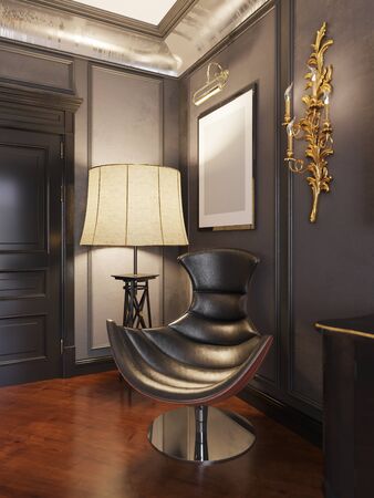 Luxurious leather, black designer chair with a floor lamp near. 3D rendering.の写真素材