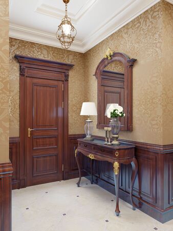 Console key table with mirror in wooden frame and table lamp. Classic hallway interior with patterned yellow wallpaper and brown wood paneling. 3D rendering.の写真素材