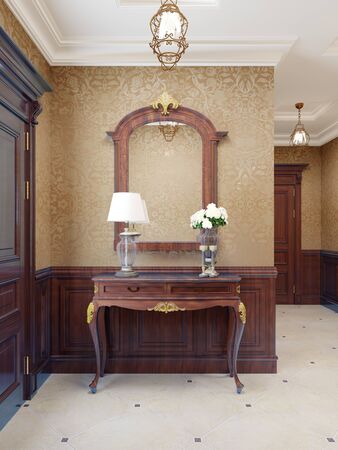 Console key table with mirror in wooden frame and table lamp. Classic hallway interior with patterned yellow wallpaper and brown wood paneling. 3D rendering.の写真素材