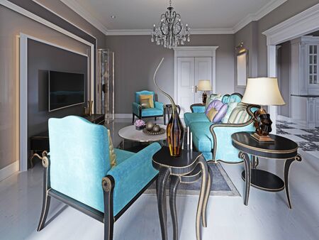 Modern art deco style living room with trendy green furniture and beige walls. Coffee table, tv stand, tv unit. 3D rendering.の写真素材