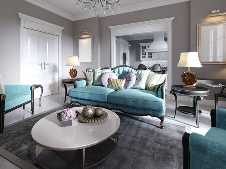 Modern art deco style living room with trendy green furniture and beige walls. Coffee table, tv stand, tv unit. 3D rendering.の写真素材