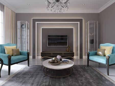 Modern tv unit, tv stand in the living room art deco style. Glass shelves and shelving. 3D rendering.の写真素材