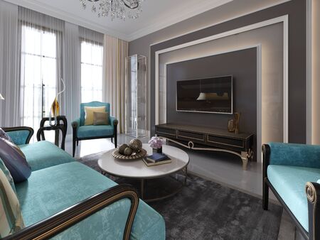 Modern tv unit, tv stand in the living room art deco style. Glass shelves and shelving. 3D rendering.の写真素材