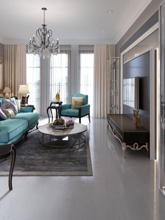 Modern tv unit, tv stand in the living room art deco style. Glass shelves and shelving. 3D rendering.の写真素材