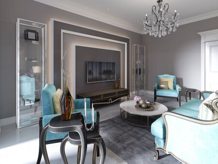 Modern art deco style living room with trendy green furniture and beige walls. Coffee table, tv stand, tv unit. 3D rendering.の写真素材