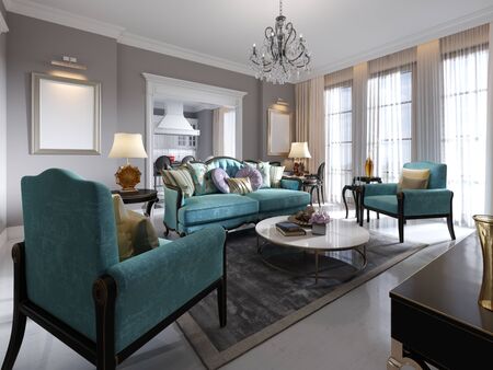 Modern art deco style living room with trendy green furniture and beige walls. Coffee table, tv stand, tv unit. 3D rendering.の写真素材