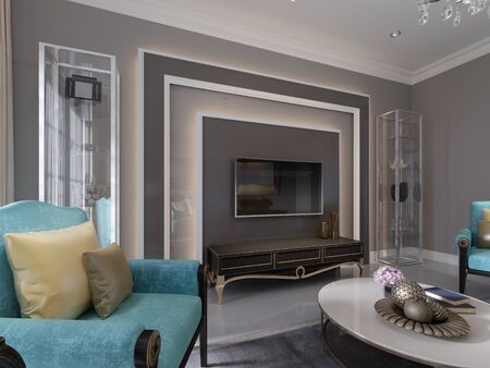 Modern tv unit, tv stand in the living room art deco style. Glass shelves and shelving. 3D rendering.の写真素材