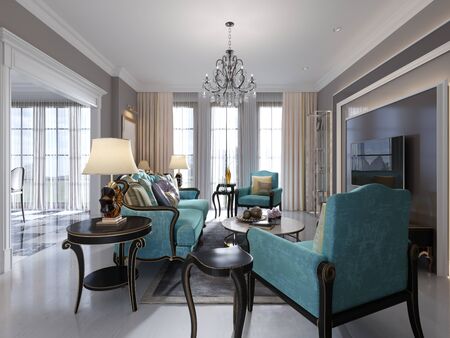 Modern art deco style living room with trendy green furniture and beige walls. Coffee table, tv stand, tv unit. 3D rendering.の写真素材