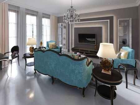 Modern art deco style living room with trendy green furniture and beige walls. Coffee table, tv stand, tv unit. 3D rendering.の写真素材