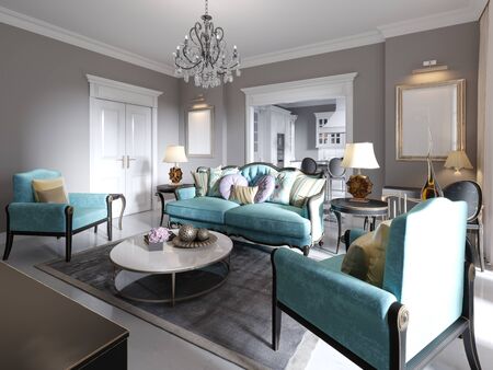 Modern art deco style living room with trendy green furniture and beige walls. Coffee table, tv stand, tv unit. 3D rendering.の写真素材