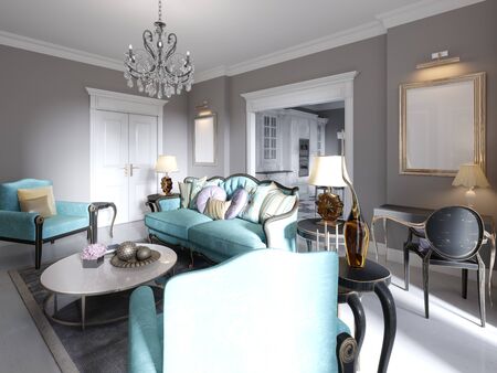 Modern art deco style living room with trendy green furniture and beige walls. Coffee table, tv stand, tv unit. 3D rendering.の写真素材