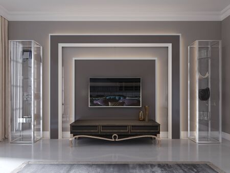 Modern tv unit, tv stand in the living room art deco style. Glass shelves and shelving. 3D rendering.の写真素材