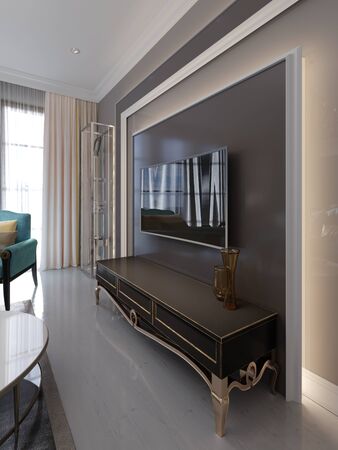 Modern tv unit, tv stand in the living room art deco style. Glass shelves and shelving. 3D rendering.の写真素材