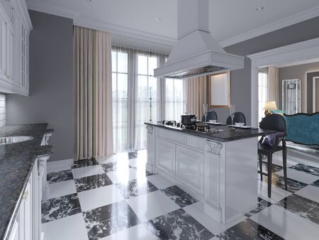 Modern art deco style kitchen with trendy black and white furniture and a chess marble floor. Kitchen island, bar stool. 3D rendering.の写真素材