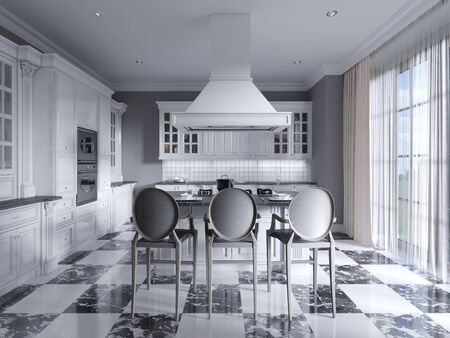 Modern art deco style kitchen with trendy black and white furniture and a chess marble floor. Kitchen island, bar stool. 3D rendering.の写真素材