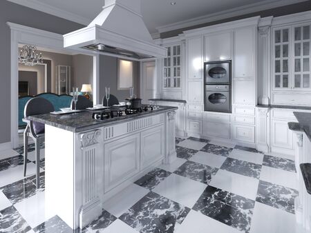 Modern art deco style kitchen with trendy black and white furniture and a chess marble floor. Kitchen island, bar stool. 3D rendering.の写真素材