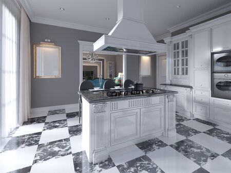 Modern art deco style kitchen with trendy black and white furniture and a chess marble floor. Kitchen island, bar stool. 3D rendering.の写真素材