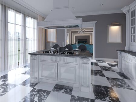 Modern art deco style kitchen with trendy black and white furniture and a chess marble floor. Kitchen island, bar stool. 3D rendering.の写真素材