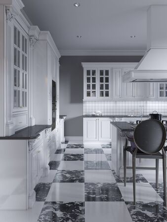 Modern art deco style kitchen with trendy black and white furniture and a chess marble floor. Kitchen island, bar stool. 3D rendering.の写真素材