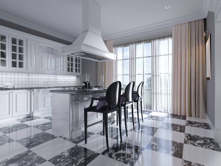 Modern art deco style kitchen with trendy black and white furniture and a chess marble floor. Kitchen island, bar stool. 3D rendering.の写真素材