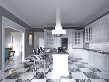 Modern art deco style kitchen with trendy black and white furniture and a chess marble floor. Kitchen island, bar stool. 3D rendering.の写真素材