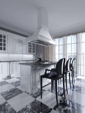 kitchen island in black and white art deco kitchen with chess floor. 3D rendering.の写真素材