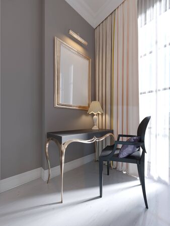 Dressing table with silver legs with a black chair by the window in the art deco style. 3D rendering.の写真素材