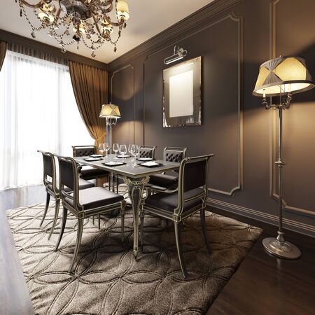 Modern retro vintage dining room with carved black wooden table and classic chairs. Dark colors. 3D renderingの写真素材