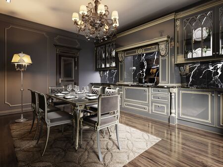 Modern vintage retro kitchen design with black classic furniture in dark colors. 3D renderingの写真素材