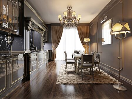 Modern vintage retro kitchen design with black classic furniture in dark colors. 3D renderingの写真素材