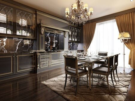 Modern vintage retro kitchen design with black classic furniture in dark colors. 3D renderingの写真素材
