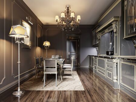 Modern vintage retro kitchen design with black classic furniture in dark colors. 3D renderingの写真素材