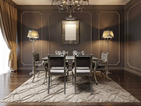 Modern retro vintage dining room with carved black wooden table and classic chairs. Dark colors. 3D renderingの写真素材