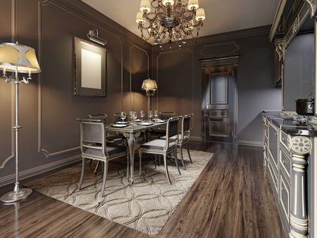 Modern retro vintage dining room with carved black wooden table and classic chairs. Dark colors. 3D renderingの写真素材