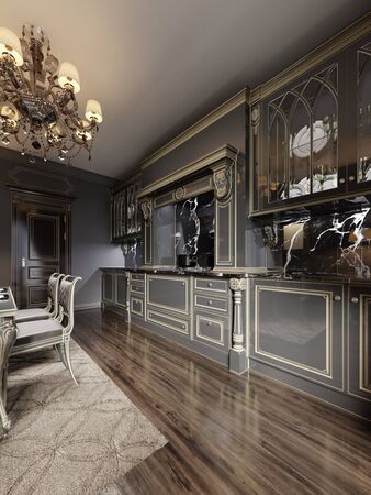 Luxurious baroque style kitchen furniture design, black marble kitchen apron and black patel meel. 3D renderingの写真素材