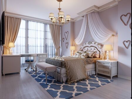 Design a room for a teenager in a classic style. A bed with a large carved headboard and a canopy above, a room in pink and beige colors. 3D rendering.の写真素材