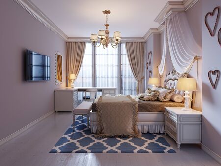 Design a room for a teenager in a classic style. A bed with a large carved headboard and a canopy above, a room in pink and beige colors. 3D rendering.の写真素材