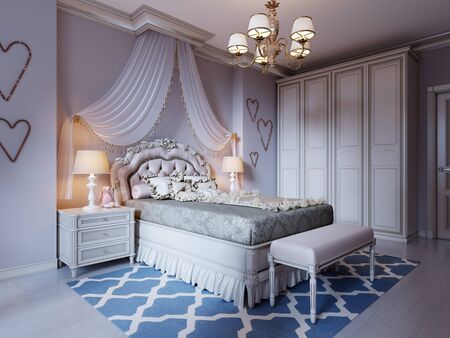 Design a room for a teenager in a classic style. A bed with a large carved headboard and a canopy above, a room in pink and beige colors. 3D rendering.の写真素材