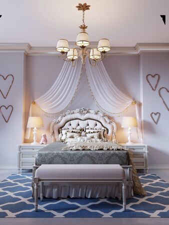 Design a room for a teenager in a classic style. A bed with a large carved headboard and a canopy above, a room in pink and beige colors. 3D rendering.