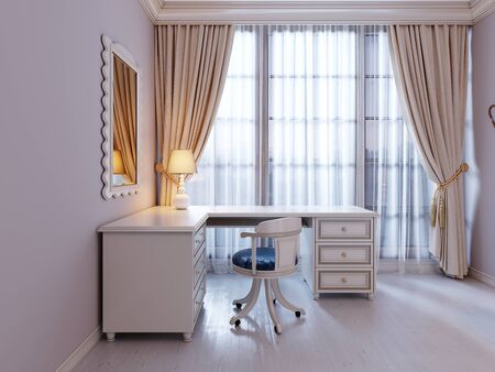 Designer white corner table by the window, with a mirror in the frame above and a chair near. Room for a teenager. 3D rendering.の写真素材