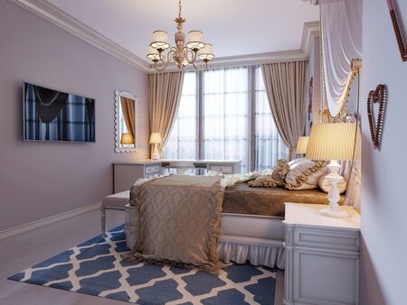 Design a room for a teenager in a classic style. A bed with a large carved headboard and a canopy above, a room in pink and beige colors. 3D rendering.の写真素材