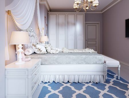 Design a room for a teenager in a classic style. A bed with a large carved headboard and a canopy above, a room in pink and beige colors. 3D rendering.の写真素材