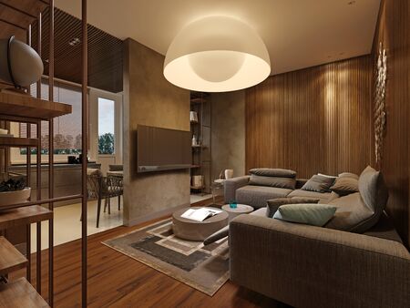 Studio apartment with a living room and kitchen area, in brown and beige color, a modern corner sofa and a large round designer chandelier in the form of a sphere, evening lighting. 3D rendering.の写真素材