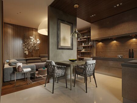 Dining room with contemporary style kitchen in dark brown studio apartments. Partition wall separating the living room and kitchen. 3D rendering.の写真素材