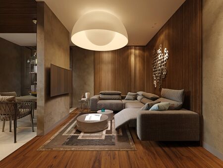 Contemporary living room with a large corner sofa and designer white semicircular chandelier, evening light. 3D rendering.の写真素材