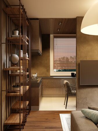 Metal design shelving with decor in the apartment. 3D rendering.の写真素材