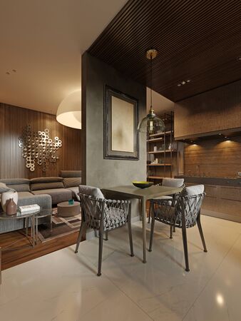 Dining room with contemporary style kitchen in dark brown studio apartments. Partition wall separating the living room and kitchen. 3D rendering.の写真素材